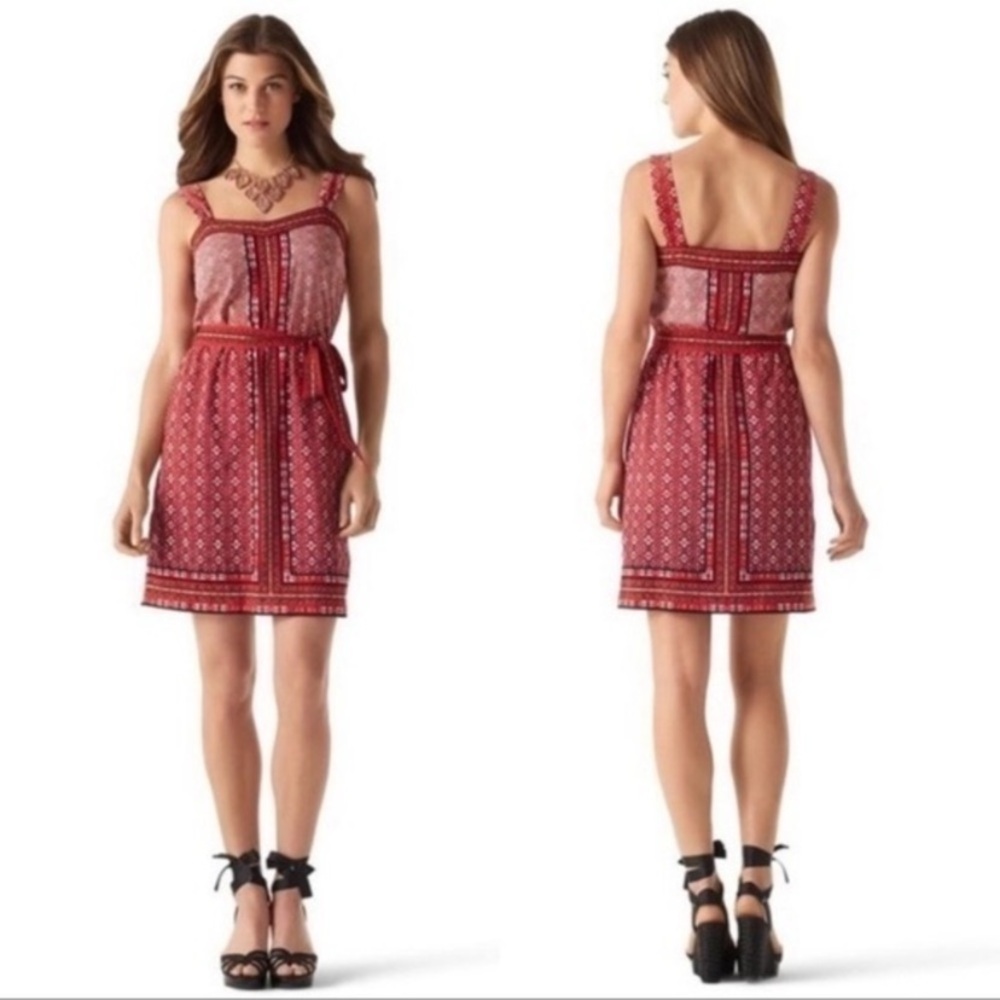 White House Black Market XS Red Black Print Tie Waist Dress